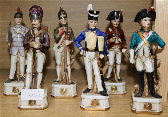 A set of six Capo di Monte style Napoleonic soldiers, tallest 24cm